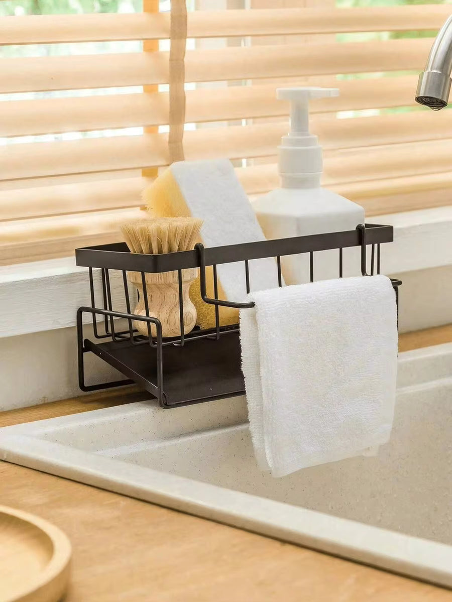 1pc Multifunctional Sink Drain Rack, Can Hold Dishwashing Liquid, Sponge, Dishcloth, Kitchen Utensils Draining Net, Sink Dishcloth Storage Rack, Upgraded Carbon Steel Material, Kitchen Organizer, Sink Wiping Cloth And Dishcloth, Carbon Steel Faucet