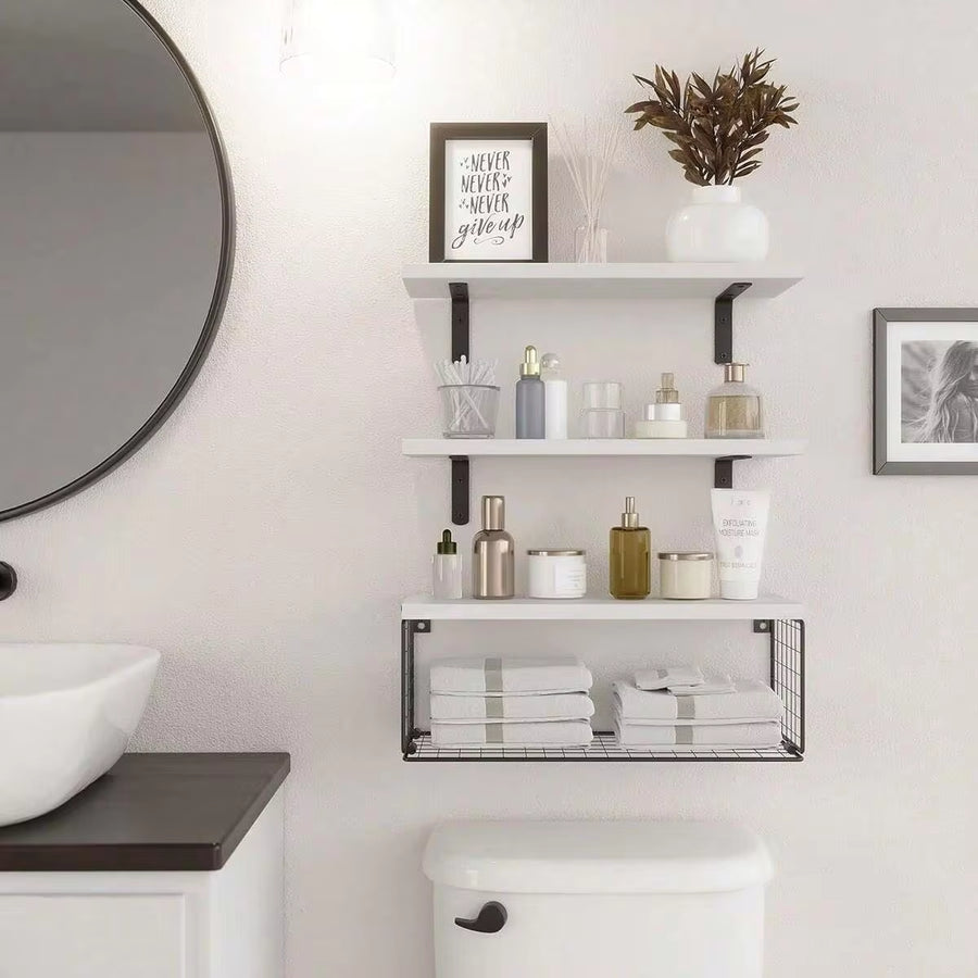 Bathroom Shelves Over Toilet With Storage Basket, Floating Wall Shelf For Home Organization & Wall Decor, Bathroom/Kitchen/Living Room Shelves–White